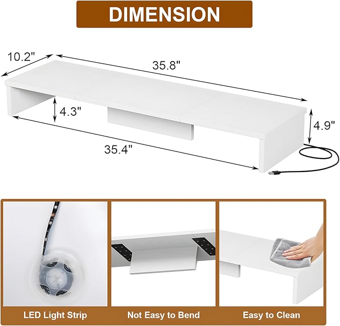 Qupui Dual Monitor Stand Riser for Desk with LED Lights, Large Computer Monitor Stand for 2 Monitors, Desk Shelf for Top of Desk, Desktop Organizer for Computer, Laptop, Printer, TV