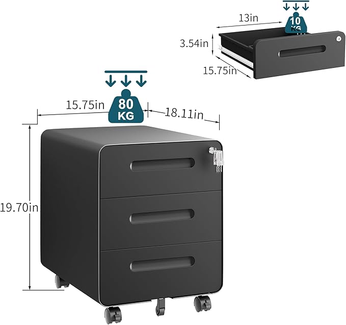 3 Drawer Under Desk Printer Stand with Lock, Mobile Rolling Printer Table for Home Office, Fully Pre-Assembled (Wheels Only to Attach), 4 Keys Included, Black