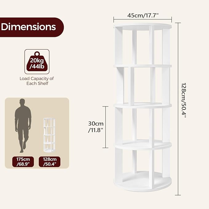 MAHANCRIS 4-Tier Rotating Bookshelf, 360° Spinning Bookshelf Tower, Floor Standing Round Revolving Bookcase, Display Rack for Books, CDs, for Living Room, Study, Bedroom, White BKWT6401