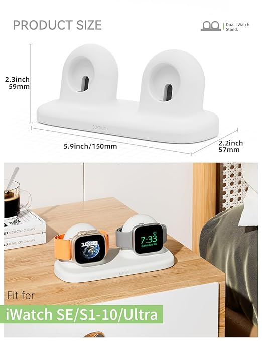 ELETIUO Dual Charger Stand Compatible with Apple Watch Series 49/46/45/44/42/41/40/38mm iWatch Ultra2/Ultra/10/9/8/SE2/7/6/SE/5/4/3/2/1,Silicone Charging Dock Organizer Supports Night Stand Mode,White