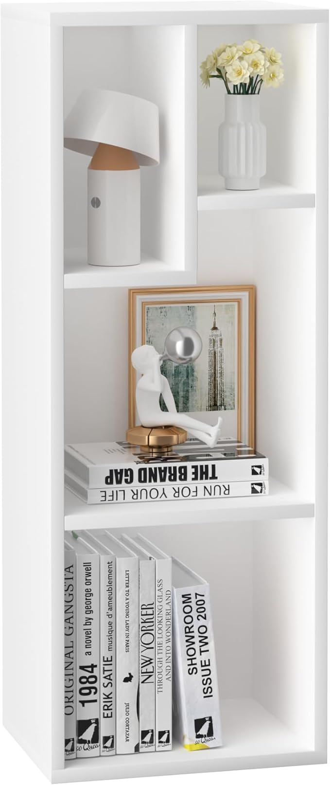 VECELO 3-Tier Small Bookcase, 4 Cube Bookshelf with Height Difference Shelves for Most Books, Modern Floor Standing Unit, Each Shelf Hold Up to 66 LBS for Living Room Bedroom, Pearl White