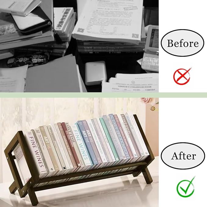 Wood Tilting Bookcase in Living Room/Home/Office, Desktop Book Shelf Organizer Bookshelves Storage Rack for CDs/Magazine/Books Display (Coffee, 16"-L)