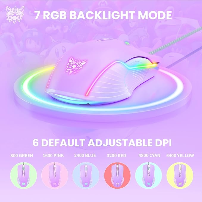 Cute RGB 6400 DPI Wired Gaming Mouse Breathing LED Optical USB 7 Buttons Gamer Computer Pink Mice for Laptop PC Desktop (Purple)