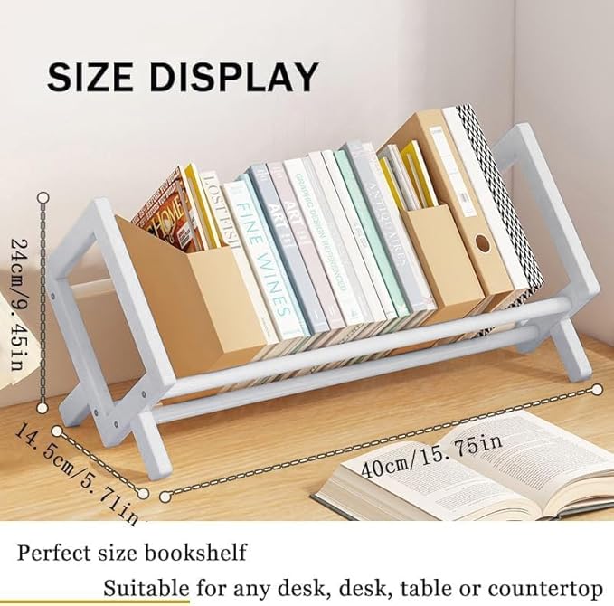 Wood Tilting Bookcase in Living Room/Home/Office, Desktop Book Shelf Organizer Bookshelves Storage Rack for CDs/Magazine/Books Display (White, 16"-L)