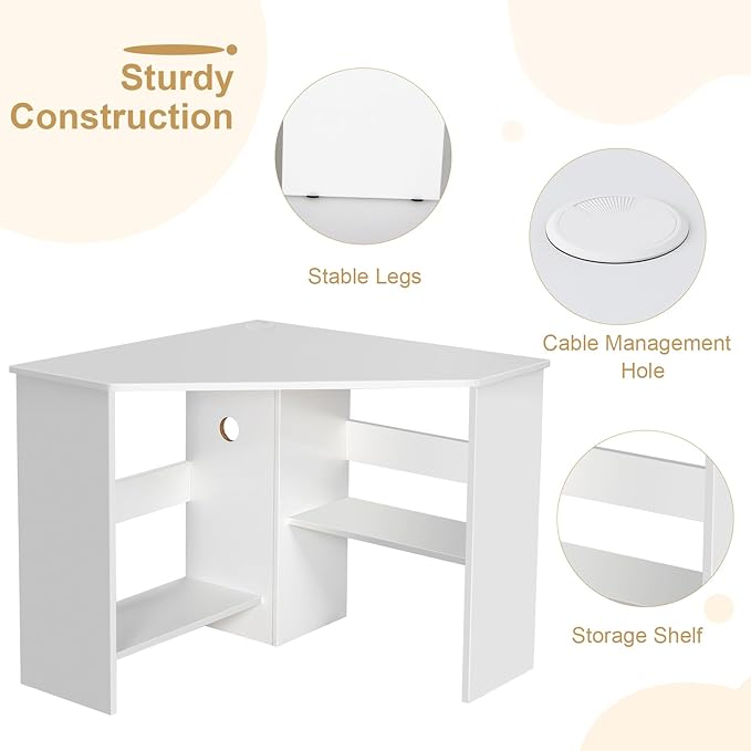 Tangkula White Corner Desk - 90 Degrees Triangle for Computer, Small Space, Bedroom, Makeup Vanity Desk with Storage Shelves & CPU Stand, Space Saving Writing Desk