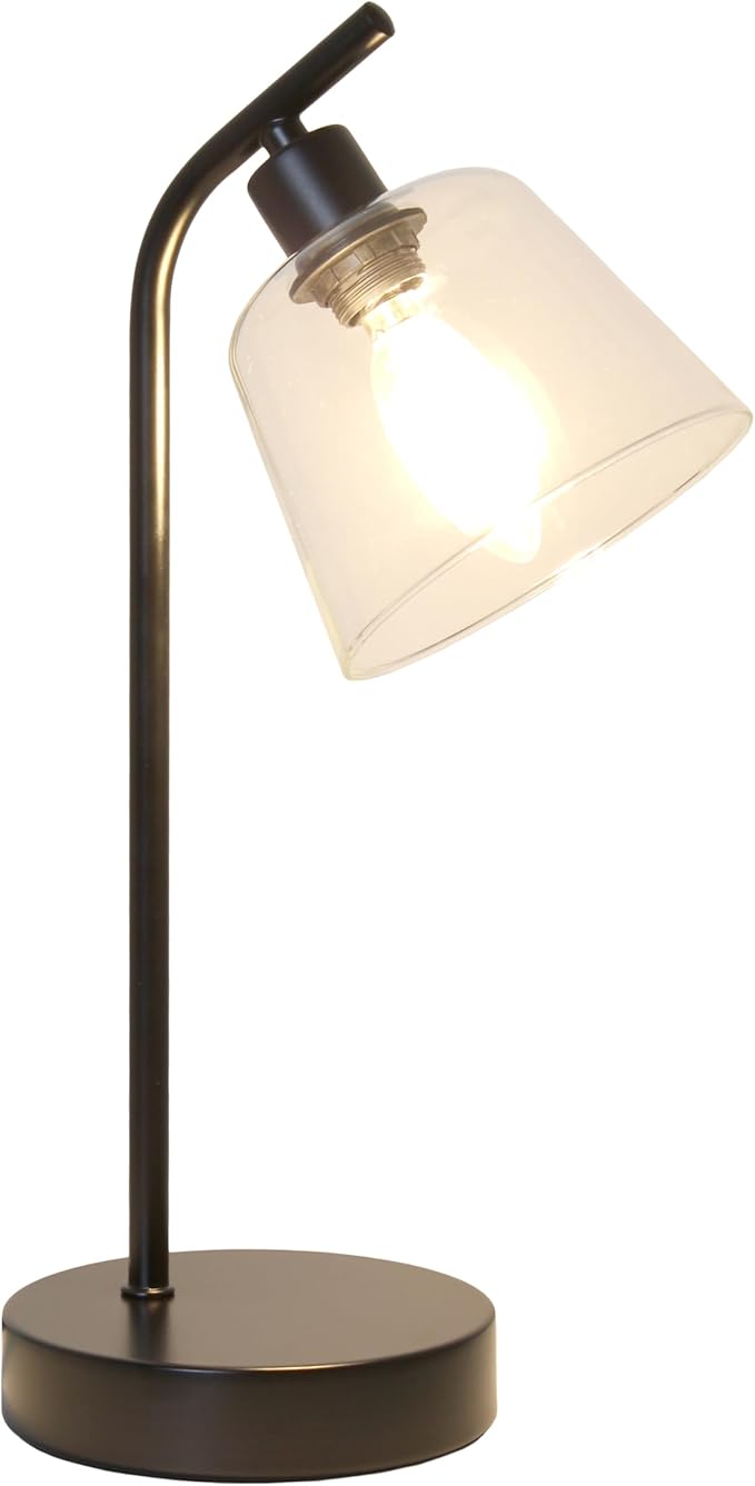 Simple Designs LD1080-BLK 16" Sleek Essentials Modern Industrial Metal Desk Lamp with Clear Glass Shade, for Office, Desk, Nightstand, Dorm Black