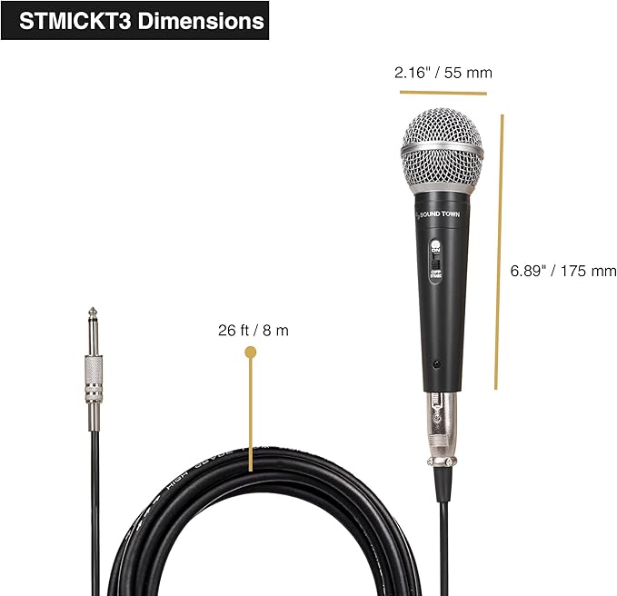 Sound Town 3-piece Professional Handheld Dynamic Microphone Kit with Carry Case, Mic Clips, 26ft XLR to 1/4" Audio Cables (STMICKT3)