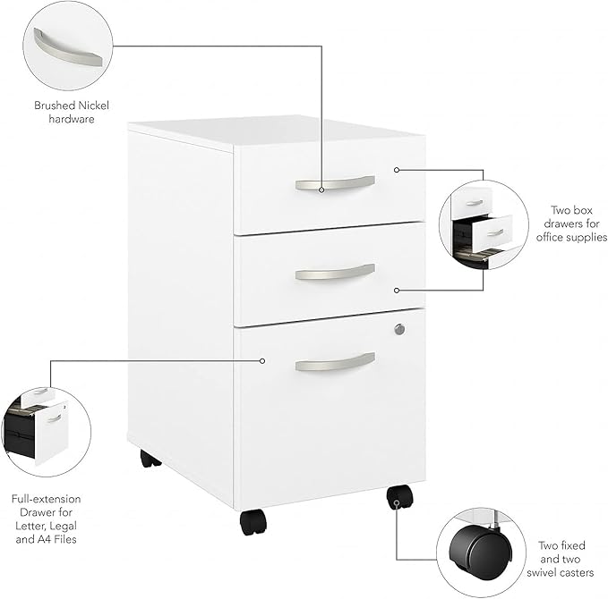 Bush Business Furniture Studio A 72W Computer Desk with 3 Drawer Mobile File Cabinet in White, Commercial-Grade Gaming and Work Table for Home or Professional Office