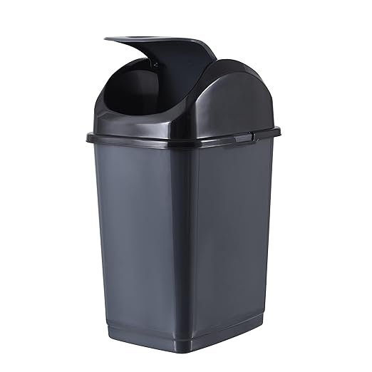 Superio Small 2.5 Gallon Plastic Trash Can with Swing Top Lid, Compact, Slim Waste Bin for Under Desk, Office, Bedroom, Bathroom, Dorm Room, 10 Qt. Portable Garbage Can (Dark Gray, 2