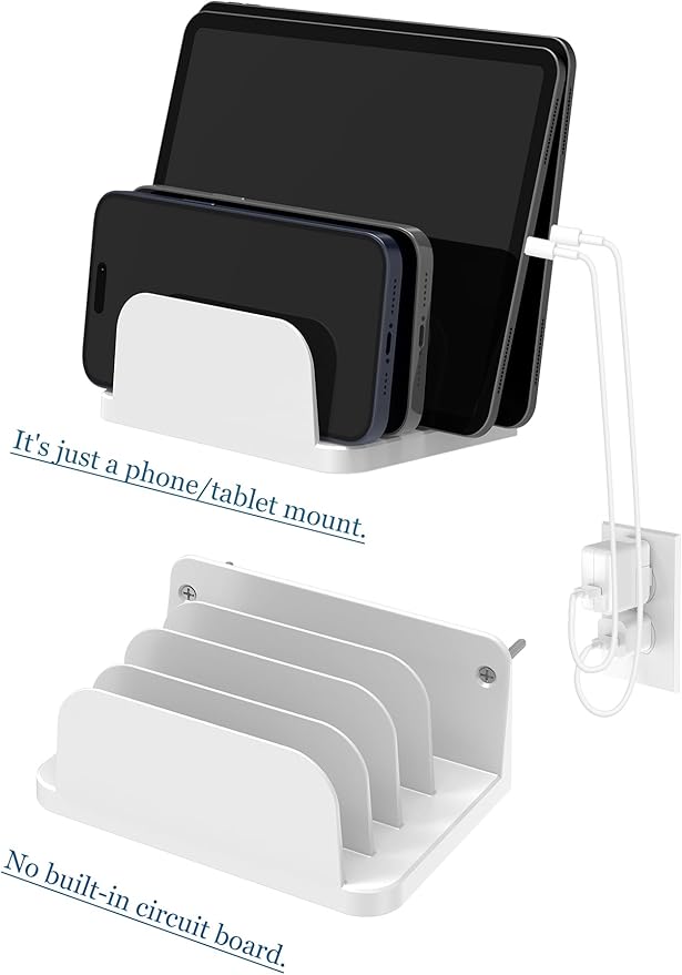 Wall Mount Phone Holder for Smartphones and Tablets, Phone Shelf with 4-Slot Docking Station Compatible with Tablet, ipad, Kindle Wall Charging Organizer (Black)