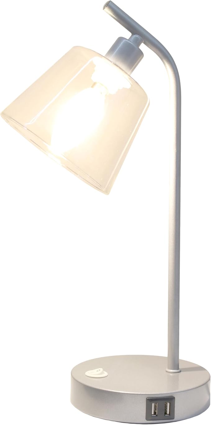 Simple Designs LD1074-SLV 15.75" Sleek Essentials Modern Industrial Metal Desk Lamp with Clear Glass Shade and Dual USB Ports, for Office, Desk, Nightstand, Dorm, Silver