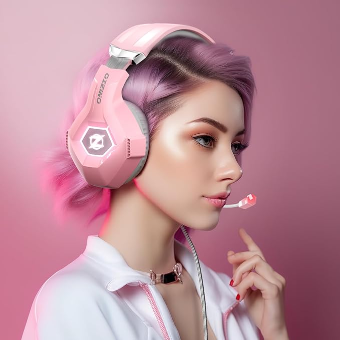 Ozeino Gaming Headset for PC, Ps4, Ps5, Xbox Headset with 7.1 Surround Sound, Gaming Headphones with Noise Cancelling Mic RGB Light Over Ear Headphones for Xbox Series X/S, Switch-Pink