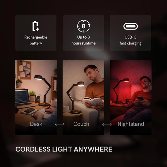 LUME CUBE Edge Light Go - Rechargeable Cordless Table Lamp - Perfect Lighting Wherever You Need it - Battery Powered LED Desk Light with Red Light Mode & Wireless Charger (Black)