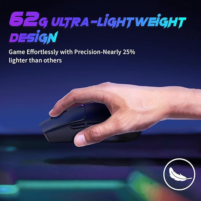 RisoPhy Superlight Wireless Gaming Mouse, 62g Dual Macro-Switches Gaming Mouse, 3-Mode Wireless/USB-C/Bluetooth Mouse with Adjustable 12000DPI, 5 Programmable Buttons Computer Mouse for PC/Mac-Black