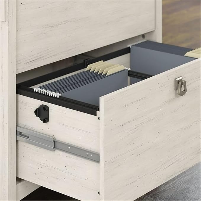 Pemberly Row Wood 60W L Shaped Desk with File Cabinet & Bookcase, Antique White Finish, Laminate Over Engineered Wood, Mission Style Home Office Furniture with Storage and Display