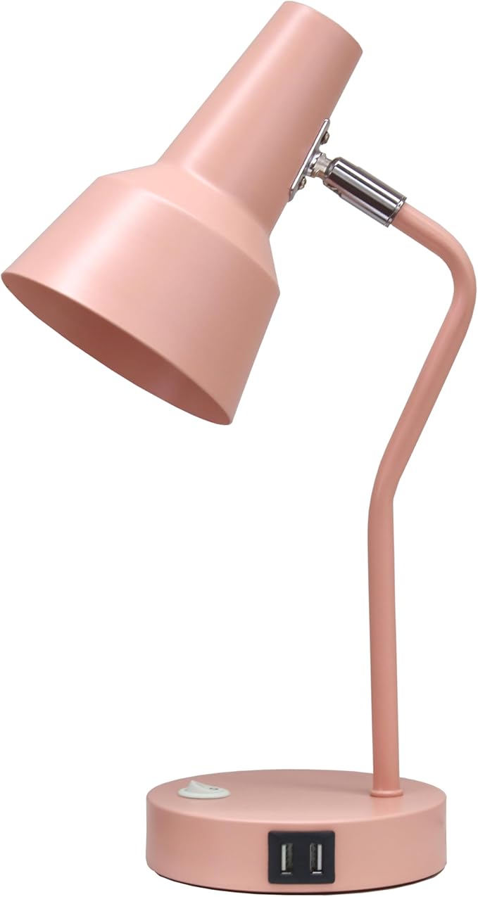 Simple Designs LD1072-BPK 15.2" Sleek Essentials Metal Cone Shade Desk Lamp with Adjustable Shade and Dual USB Ports, for Office, Desk, Nightstand, Dorm, Pink