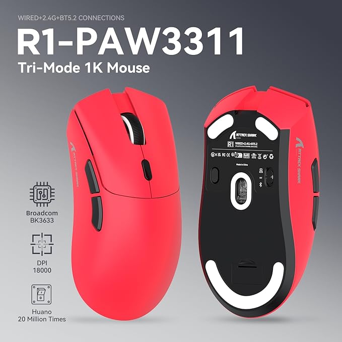 MAMBASNAKE Attack Shark R1 Wireless Gaming Mouse,PAW3311 Optical Sensor 18K DPI,59g Ultralight 2.4Ghz/BT/Wired Computer Mice for Win/Mac - Red