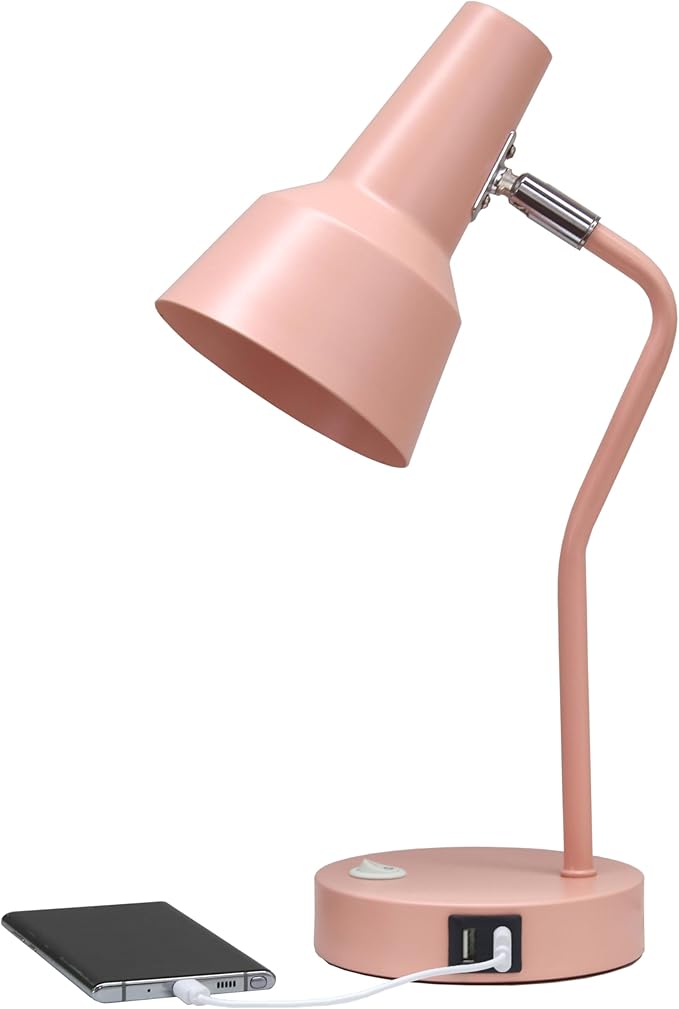 Simple Designs LD1072-BPK 15.2" Sleek Essentials Metal Cone Shade Desk Lamp with Adjustable Shade and Dual USB Ports, for Office, Desk, Nightstand, Dorm, Pink
