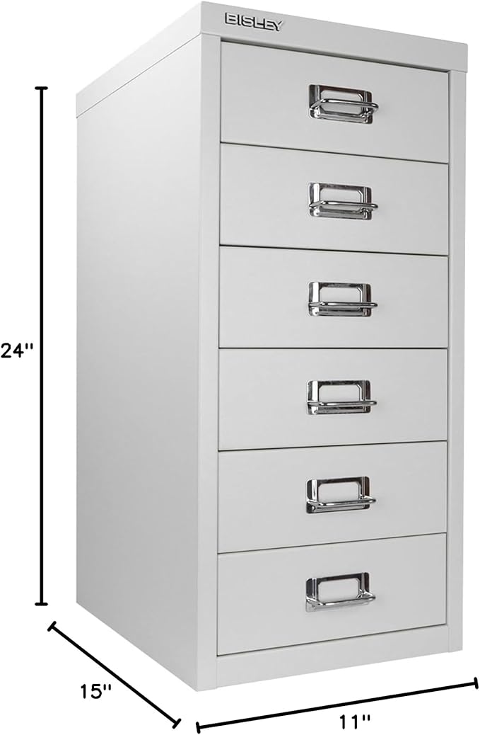 Bisley 6-Drawer Steel MultiDrawer Cabinet - Light Grey, Chrome Pull Handles with Label Holders, Powder-Coated Steel, Removable Drawers, Fits Under Most Desks, Labels Included