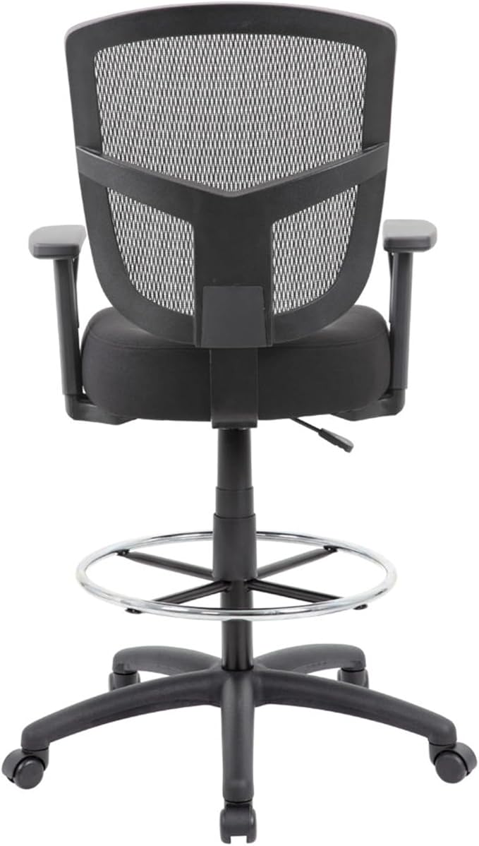Benzara MEA Drafting Stool Chair, Adjustable Arms, Black Mesh, Chrome Footring