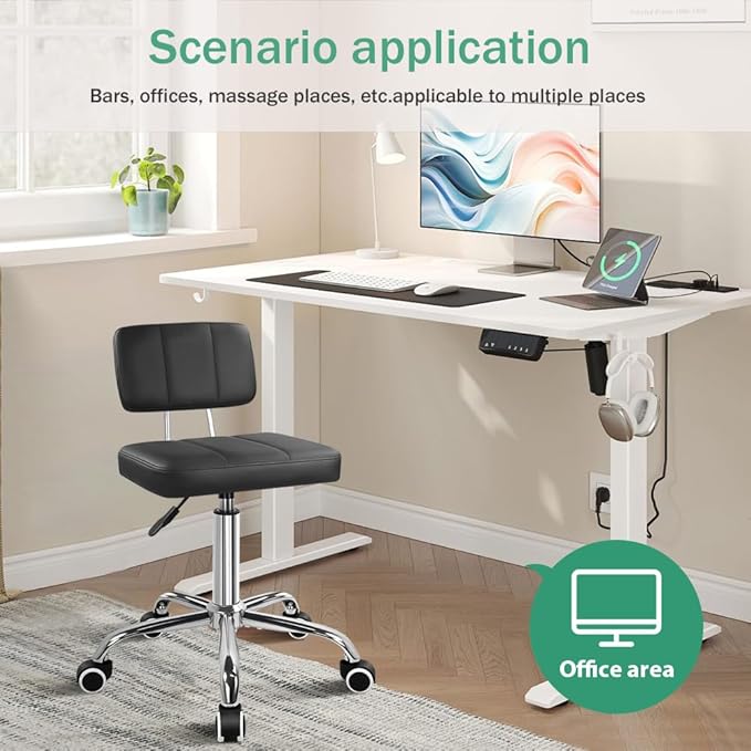 FURWOO Simple Square Office Chair with Back 360 Swivel Stool Chair with Wheels Height Adjustable Stool for Home Work Shop Task Spa Black