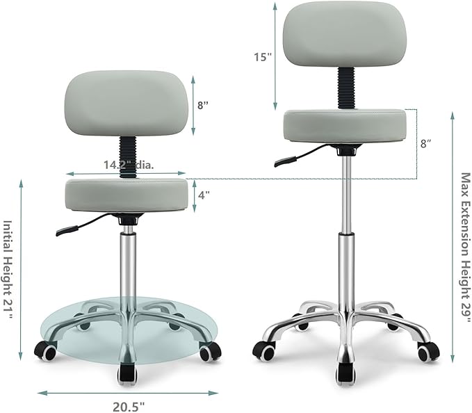 Kaleurrier Rolling Swivel Adjustable Heavy Duty Drafting Stool Chair for Salon,Medical,Office and Home uses,with Wheels and Back (Grey)