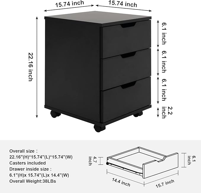 Farini 3-Drawer Vertical Filing Cabinet Rolling Wood Mobile File Cabinets Under Desk for Home Office with Casters,Black,Fully-Assembled