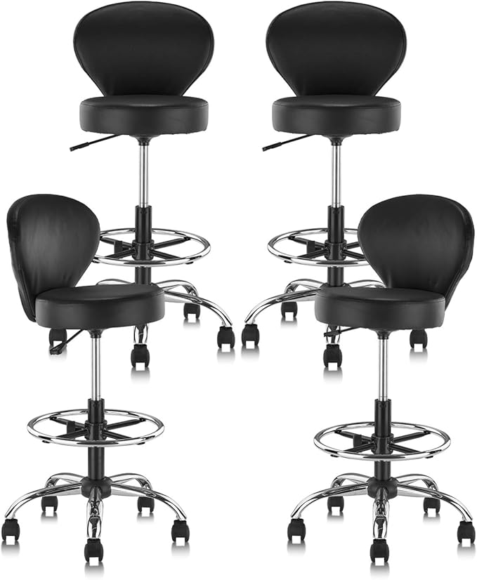KLASIKA PVC Faux Leather Drafting Chair Set of 4 Rolling Swivel Salon Stool with Back Foot Rest Adjustable Hydraulic Seat Height 30 Inch Diameter 15 in Lumbar Support for Massage Facial Spa 4 Pack