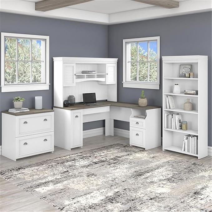 Pemberly Row 4 Piece L Shaped Desk Office Set, Engineered Wood, White and Gray Finish, Includes Hutch, Lateral File Cabinet, 5 Shelf Bookcase, Modern Farmhouse Style Home Office Furniture