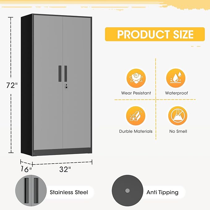 Greenvelly Metal Storage Cabinet,72 Inch Lockable Storage Cabinet with Doors and 4 Adjustable Shelves,Garage Storage Cabinet for Home,School,Gym(Black Grey)