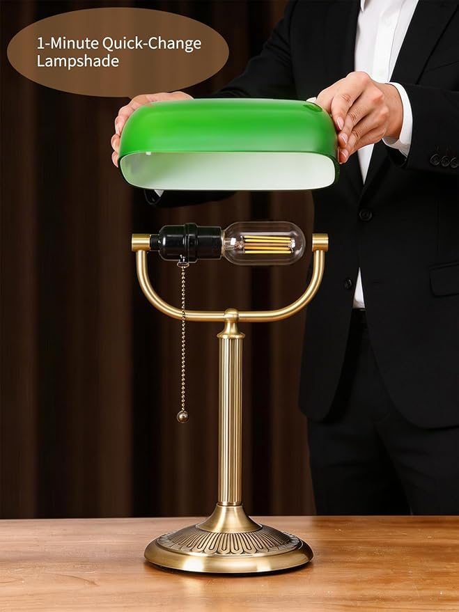 Newrays 1-Minute Quick-Change Shade Classic Green Glass Bankers Desk Lamp for Study, Office, Library, LED Bulb Included
