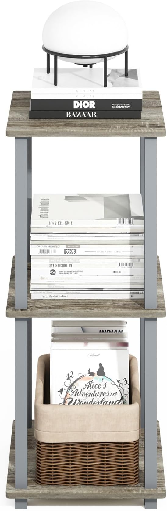 Furinno Turn-N-Tube 2-Pack Book Shelf, 2-Tier Bookshelf with Open Shelf, Toolless Stackable Bookcase, 15.6 x 15.6 x 19.6, for Home Office, Living Room, Bedroom, French Oak/Grey