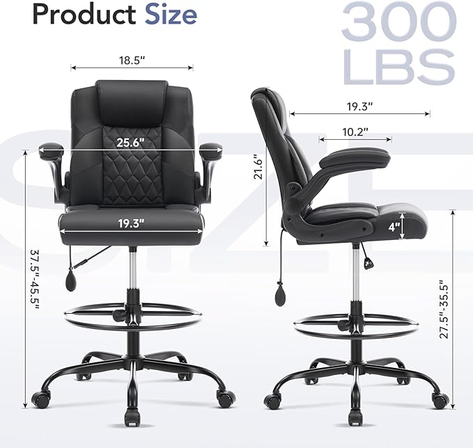 Leather Drafting Chair, Tall Office Chair for Standing Desk, High Executive Office Chair with Inflatable Lumbar Support,Adjustable Height,Flip-up Armres and Foot Ring Studio Chair Black