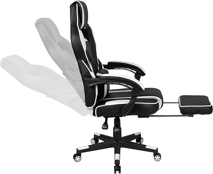 EMMA + OLIVER Black/White Gaming Desk Set - Cup/Headset Holder/Reclining & Footrest