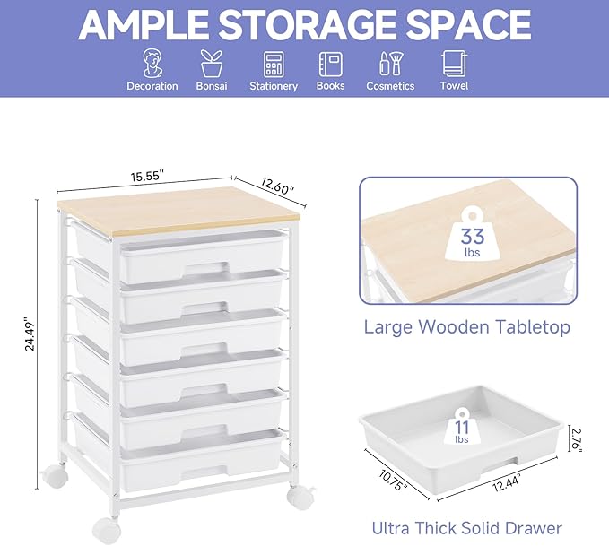 SYKIARIOL Rolling Cart with Drawers,Utility Cart with 6 Drawers,Rolling Storage Cart with Drawers and Wooden Tabletop & Lockable Wheel,White