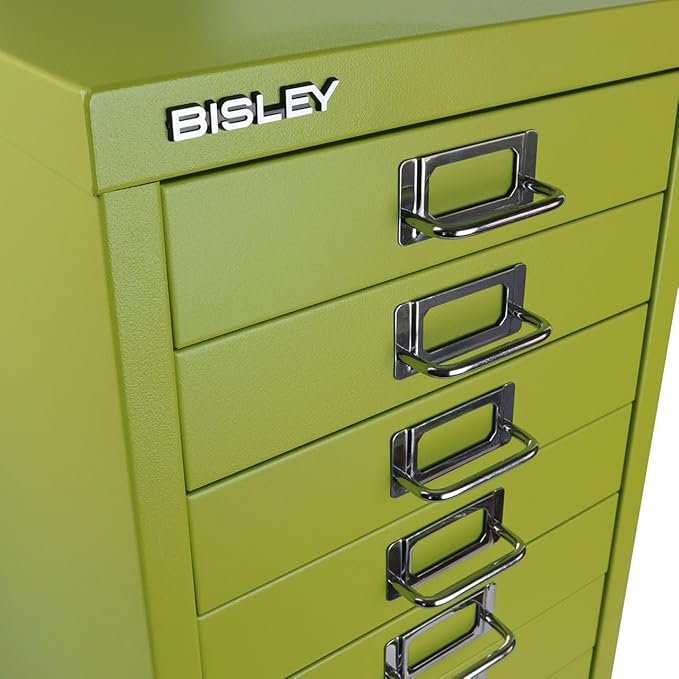10-Drawer Steel MultiDrawer Cabinet - Bisley Green, Chrome Pull Handles with Label Holders, Powder-Coated Steel, Removable Drawers, Fits Under Most Desks, Labels Included by Bisley