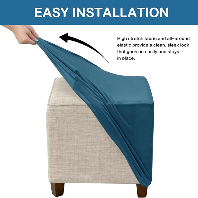 Ottoman Cover Square Velvet Ottoman Covers Protector for Footrest Foot Stool Furniture Stretch Comfortable with Elastic Bottom Small Blue