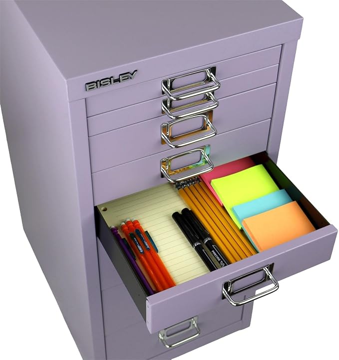 Bisley 8-Drawer Steel MultiDrawer Cabinet - Lilac, Chrome Pull Handles with Label Holders, Powder-Coated Steel, Removable Drawers, Fits Under Most Desks, Labels Included
