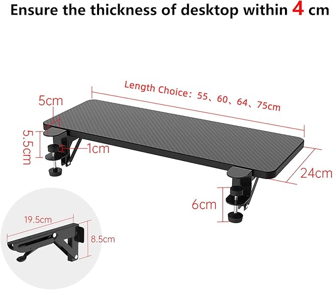 OUGIC Ergonomic Desk Extension Tray, 64x24cm, Clamp Without Punch, Keyboard Drawer Tray, Computer Armrest Table Stand