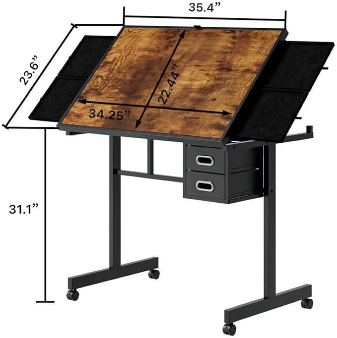 Drafting Table Art Table on Wheels with Storage Drawers & Side Trays - Adjustable Drawing Table Tilted Tabletop, Crafting Desk with Storage for Artist Painters Home Office (Black D)