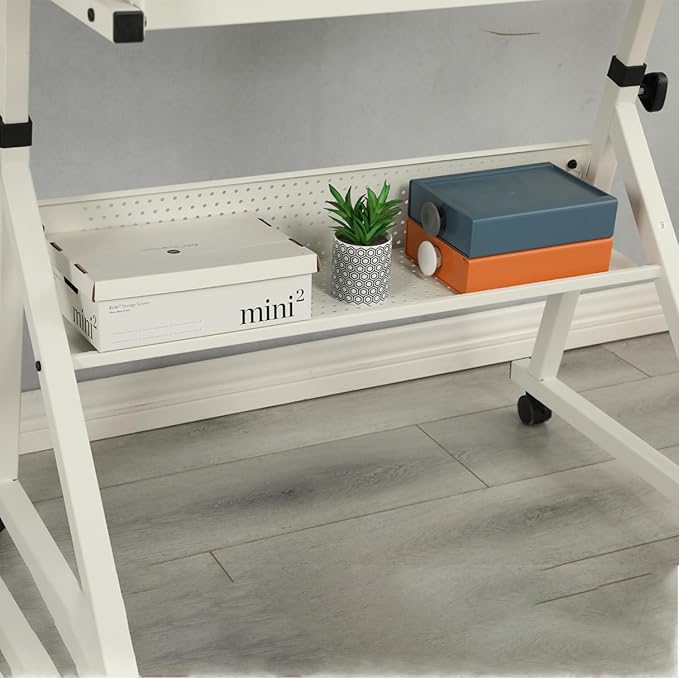 Drafting Table Art Table on Wheels with Storage & 4 Side Trays - Adjustable Drawing Table Tilted Tabletop, Crafting Desk with Storage for Artist Painters Home Office (White C)