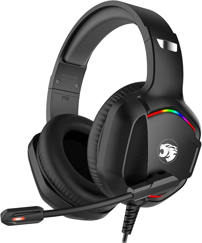 Gaming Headset with Microphone for Pc, Xbox One Series X/s, Ps4, Ps5, Switch, Stereo Wired Noise Cancelling Over-Ear Headphones with Mic, RGB, for Computer, Laptop, Mac, Nintendo (Black)