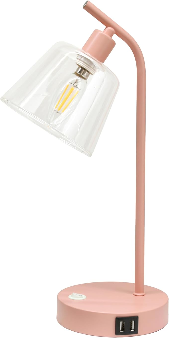 Simple Designs LD1074-BPK 15.75" Sleek Essentials Modern Industrial Netal Desk Lamp with Clear Glass Shade and Dual USB Ports, for Office, Desk, Nightstand, Dorm, Blush Pink