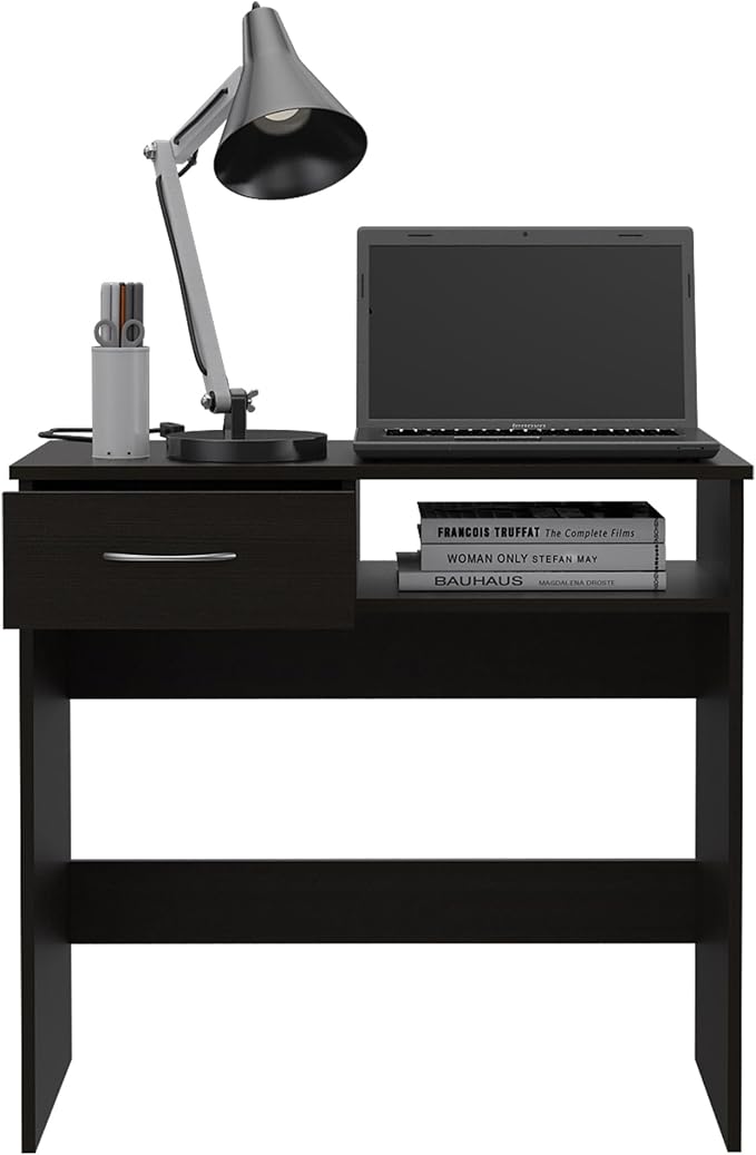 Penau Home Office Set with Single Drawer, Keyboard Tray, Black Bookcase with 5 Shelves, Modern Compact Design