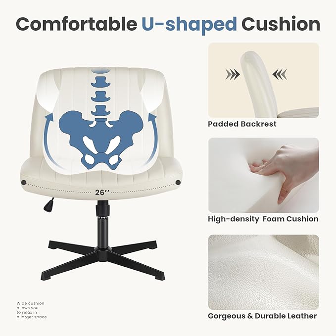 DUMOS Desk Chair No Wheels, Criss Cross Chair Wide Cross Legged Office Desk Vanity Chair, PU Leather Armless Adjustable Swivel Chairs for Home Computer Task Beige