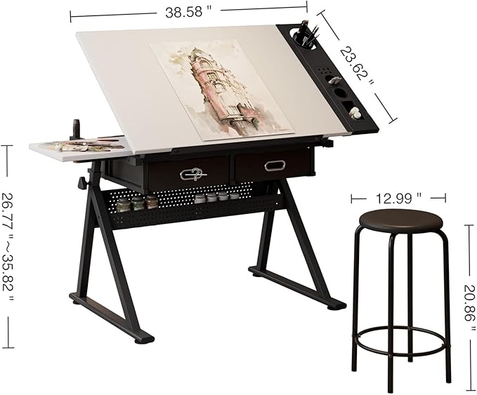 Drafting Table, Height Adjustable Drawing Table Art Table with Stool, 0-75° Tilted Tabletop Artist Desk Painting Table with Storage for Home Office School, Type 4-White