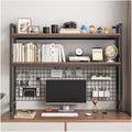 Desktop Hutch Bookshelf, 2-Tier Metal Desk Shelf with Grid Panel, Wooden Desktop Display Rack for Computer Monitor, Countertop Storage Organizer for Office Home Dorm (115cm Black)
