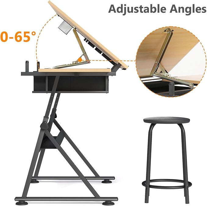 OS MOTOR Adjustable Height Drafting Table with Wood Top, Art Craft Desk with Slide-Out Drawers, Storage, for Drawing, Writing, Painting, and Creative Tasks, Ideal for Home Office, Natural