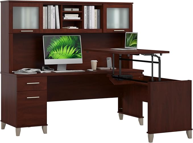 Bush Home Somerset 72W 3 Position Sit to Stand L Shaped Desk with Hutch in Hansen Cherry | Adjustable Height Table for Home Office