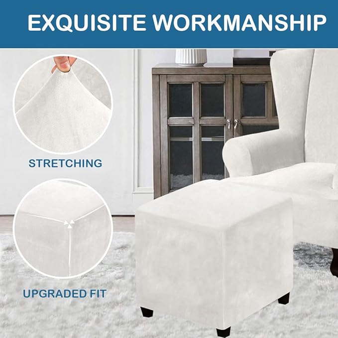 Ottoman Cover Square Velvet Ottoman Covers Protector for Footrest Foot Stool Furniture Stretch Comfortable with Elastic Bottom Medium Ivory